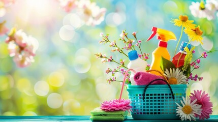 A vibrant basket filled with cleaning supplies set against a spring backdrop, symbolizing the freshness and necessity of regular cleaning