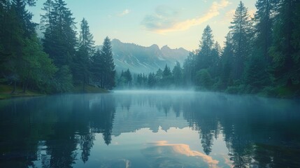 An ethereal morning scene where mist hovers over a still lake, perfectly reflecting the majestic mountains in the cool, crisp air. - obrazy, fototapety, plakaty