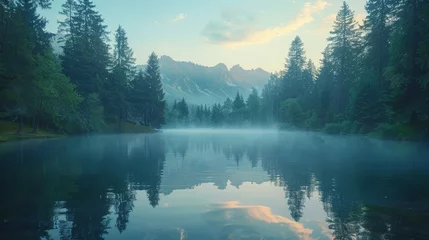 Foto op Plexiglas An ethereal morning scene where mist hovers over a still lake, perfectly reflecting the majestic mountains in the cool, crisp air. © Riz