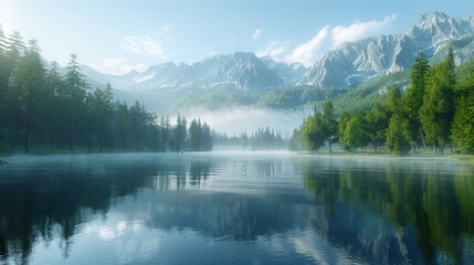 An ethereal morning scene where mist hovers over a still lake, perfectly reflecting the majestic mountains in the cool, crisp air.