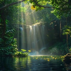 A secluded waterfall cascades into a serene pool, nestled within the lush, green embrace of a tropical jungle.