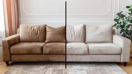 A visual comparison of a sofa before and after professional dry-cleaning, showcasing the effectiveness of cleaning services - obrazy, fototapety, plakaty