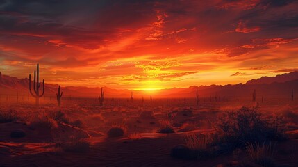 A spectacular sunset paints the sky in fiery shades of orange and red over a serene desert landscape dotted with towering cacti and sweeping sand dunes.