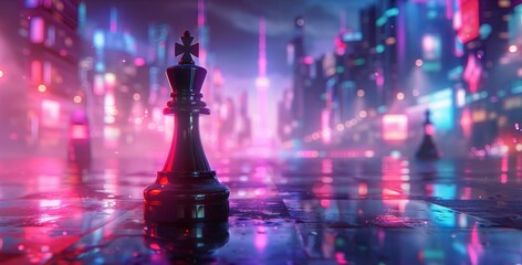 A lone chess king piece stands on a reflective surface amidst a vibrant, neon-lit futuristic cityscape under a twilight sky.