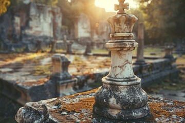 A weathered white queen chess piece stands alone amidst the grandeur of ancient, sunlit ruins, suggesting a historic battle of strategy.