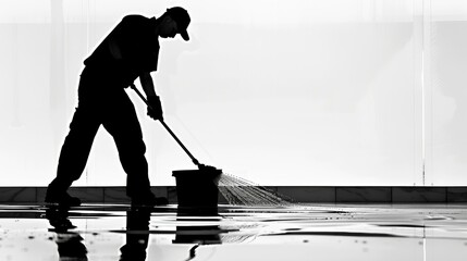 An artistic silhouette of a janitor performing cleaning duties, capturing the essence of the cleaning service profession