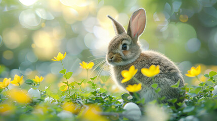 Fototapeta premium Cute Easter rabbit with decorated eggs and flowers on spring sunny landscape. Little bunny in the meadow. Happy Easter greeting card, banner, border 