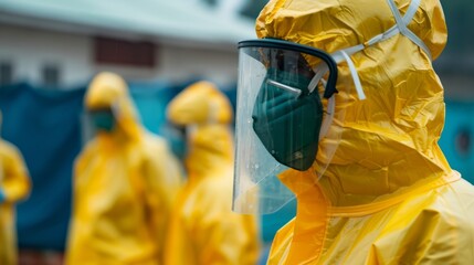 Hazmat suit-clad specialists disinfecting areas to mitigate the spread of coronavirus, highlighting the critical nature of pandemic response efforts - obrazy, fototapety, plakaty