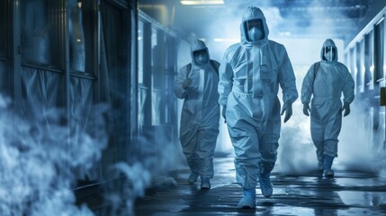 Hazmat suit-clad specialists disinfecting areas to mitigate the spread of coronavirus, highlighting the critical nature of pandemic response efforts - obrazy, fototapety, plakaty