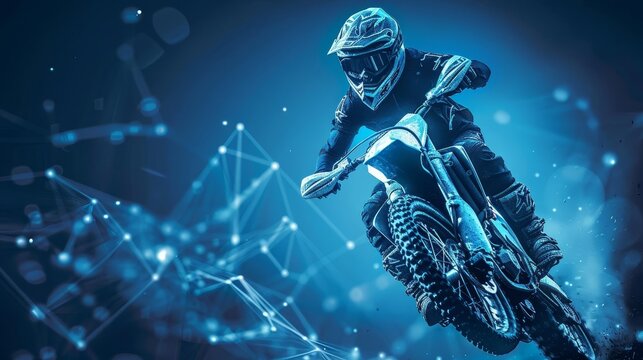Abstract 3D motocross rider jumping on blue with dots and lines