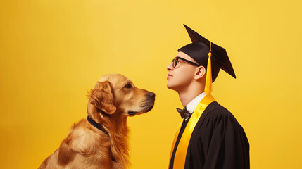 Jovem cego vestindo beca de formatura ao lado de seu cão guia no fundo amarelo - obrazy, fototapety, plakaty
