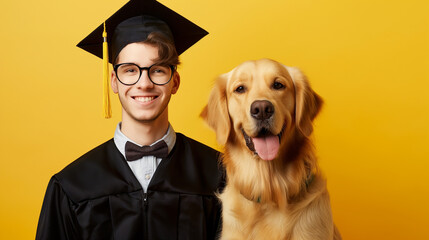 Jovem cego vestindo beca de formatura ao lado de seu cão guia no fundo amarelo