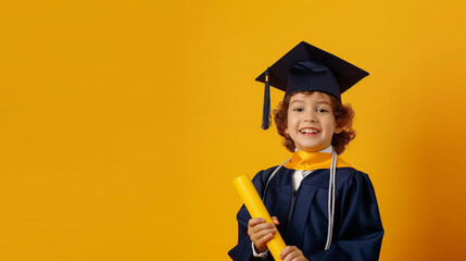 Garoto de 8 anos vestindo beca de formatura isolada no fundo amarelo - obrazy, fototapety, plakaty