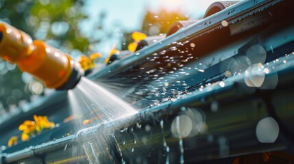 The process of cleaning spring rain gutters with a pressure washer, captured in a close-up photo to detail the task - obrazy, fototapety, plakaty
