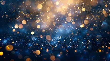 Obraz na płótnie Canvas Abstract gold and navy blue background with shimmering particles, bokeh lights, festive atmosphere, elegant holiday backdrop