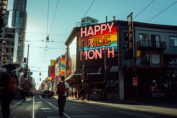 Happy Pride Month neon light banner in corner of street. Inclusion, diversity, lgbt community concept
