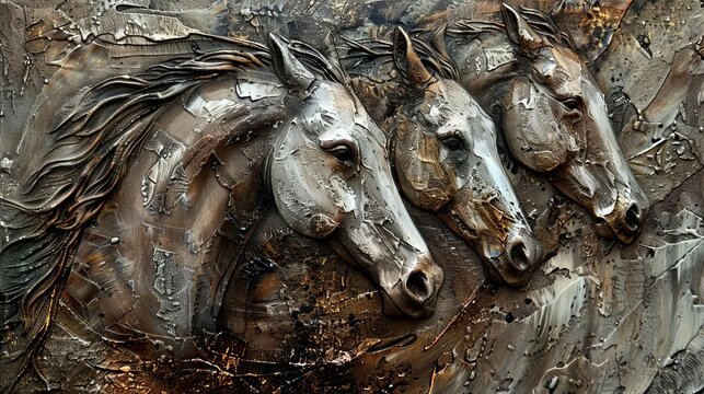 Abstract modern art with metal texture and horses, detailed oil painting