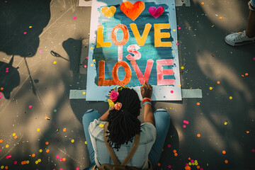 Woman painting poster that says "Love is Love" for pride month celebration in the street
