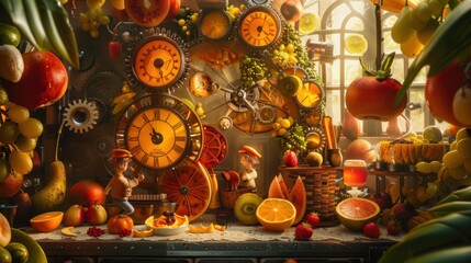 Show a whimsical time machine powered by fruit, with characters preparing for a journey through...