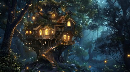 Digital Painting of Enchanted Treehouse with Glowing Windows, Fairy Lights, and Magical Forest at Night