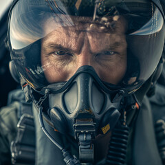 jet fighter pilot face from close up in his cockpit