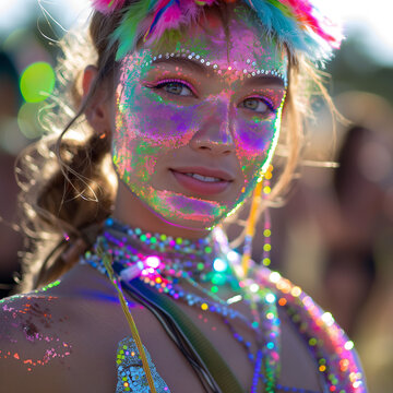 raver girl neon make up close up at the festival