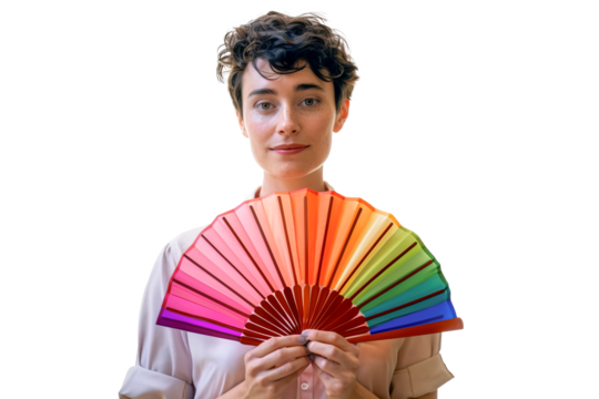 Non binary person holding rainbow colored hand fan over isolated transparent background