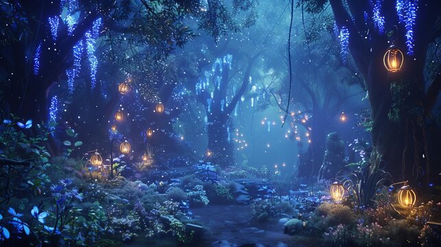 Enchanted forest with bioluminescent plants, fairy lanterns, and mystical creatures