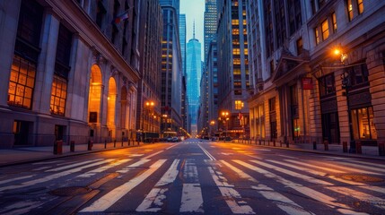 The quiet streets of a financial district just before dawn, with towering skyscrapers beginning to...