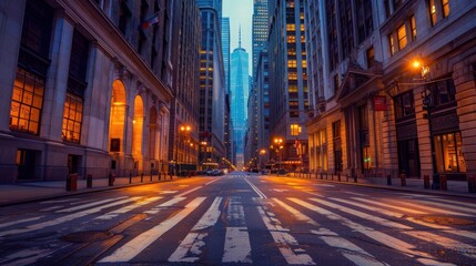 The quiet streets of a financial district just before dawn, with towering skyscrapers beginning to light b