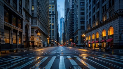 The quiet streets of a financial district just before dawn, with towering skyscrapers beginning