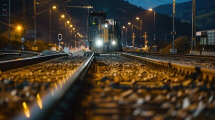 Under the cover of night, a crew works on railroad tracks, replacing old rails and ties.  - obrazy, fototapety, plakaty