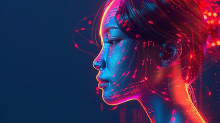 Futuristic digital illustration of a female AI assistant, virtual help and support concept