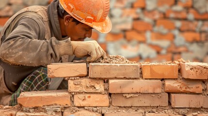 Worker installing red brick for construction site stock photo Adult, Blue-collar Worker, - obrazy, fototapety, plakaty