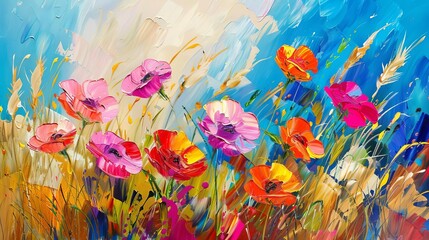 Golden grain fields and vibrant flowers, modern oil painting on canvas