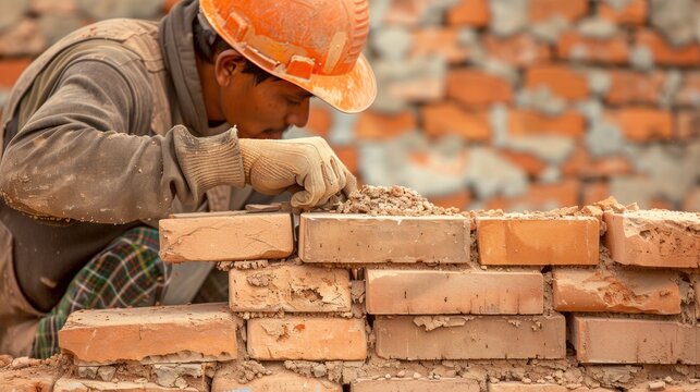 Worker installing red brick for construction site stock photo Adult, Blue-collar Worker,