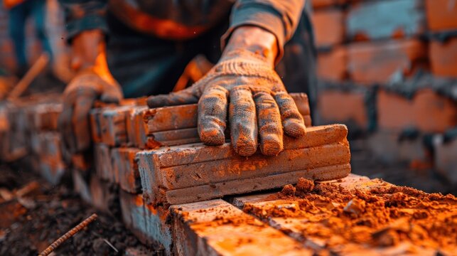 Worker installing red brick for construction site stock photo Adult, Blue-collar Worker