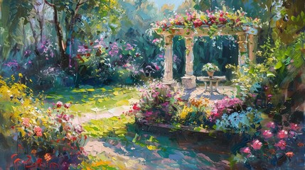 Impressionist-style oil painting of a tranquil garden scene with vibrant flowers, dappled sunlight, and a charming gazebo