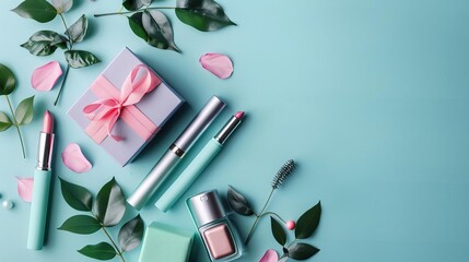 Makeup cosmetics and gift box on pastel blue background, beauty flatlay