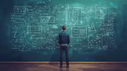 Mathematician solving complex equations on chalkboard, mathematical formulas, problem-solving, education concept, 2D illustration - obrazy, fototapety, plakaty