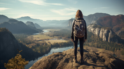 Solo Traveler on Cliff Overlooking River Valley - obrazy, fototapety, plakaty