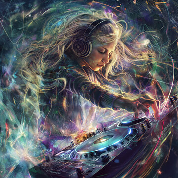 dj woman girl performs music on stage at the festival