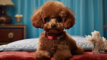 A small brown dog sitting on a bed. Portrait of a cute toy poodle on a bed. Portrait of poodle