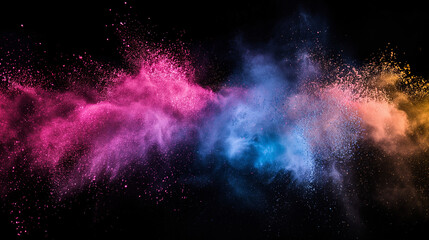 Explosion of bright colorful paint on black background, burst of multicolored powder, abstract pattern of colored dust splash - obrazy, fototapety, plakaty