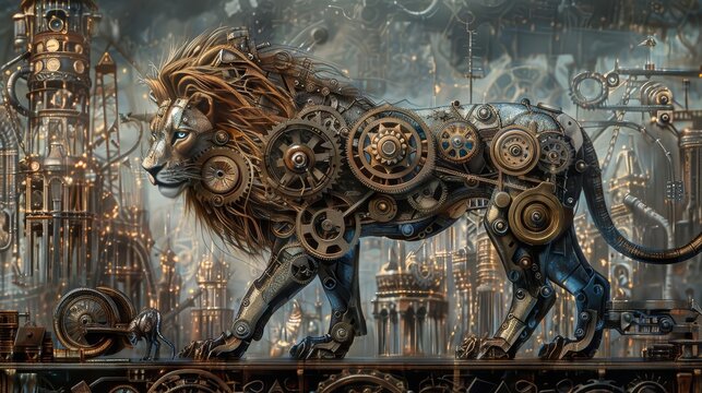 Steampunk-inspired mechanical lion with gears, cogs, and a Victorian-era city background