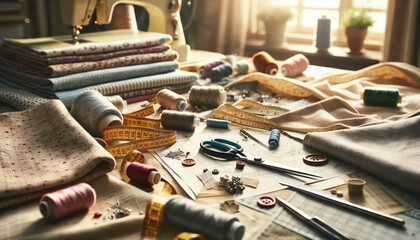 Crafting Elegance: Tailor’s Table Brimming with Creative Possibilities - obrazy, fototapety, plakaty