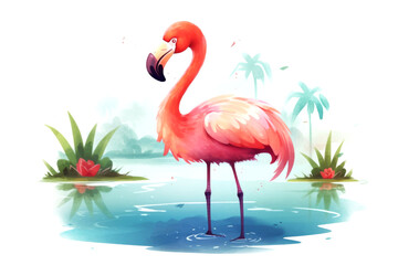 full length happy red flamingo in lake in watercolor illustration