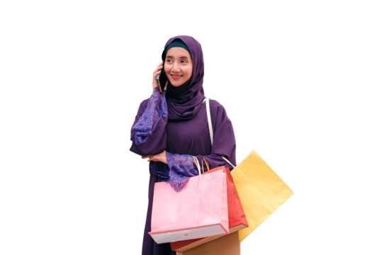 Transparent background, PNG, .PNG, PNG file, Muslim woman using a smartphone.