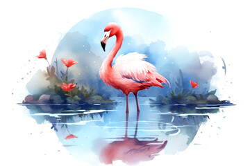 full length happy red flamingo in lake in watercolor illustration