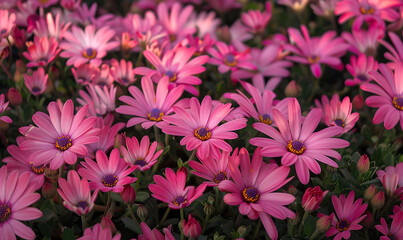 Fototapeta premium Field of pink daisy flower close-up, Generative AI 